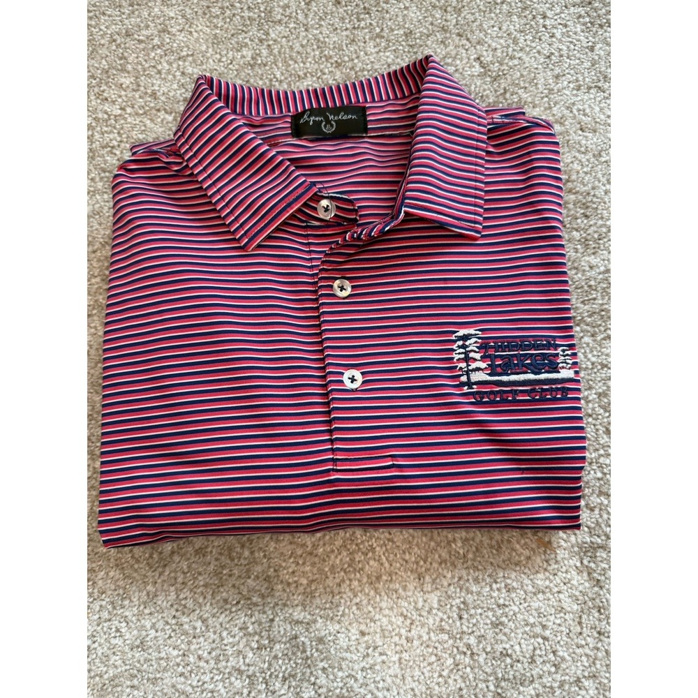 Byron Nelson Men's Striped Polo Shirt Hidden Lakes Golf Club Red White Blue